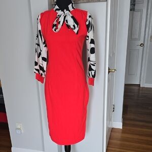 Red Sheath Dress with Black & White Bow-Tie Sleeves NWOT